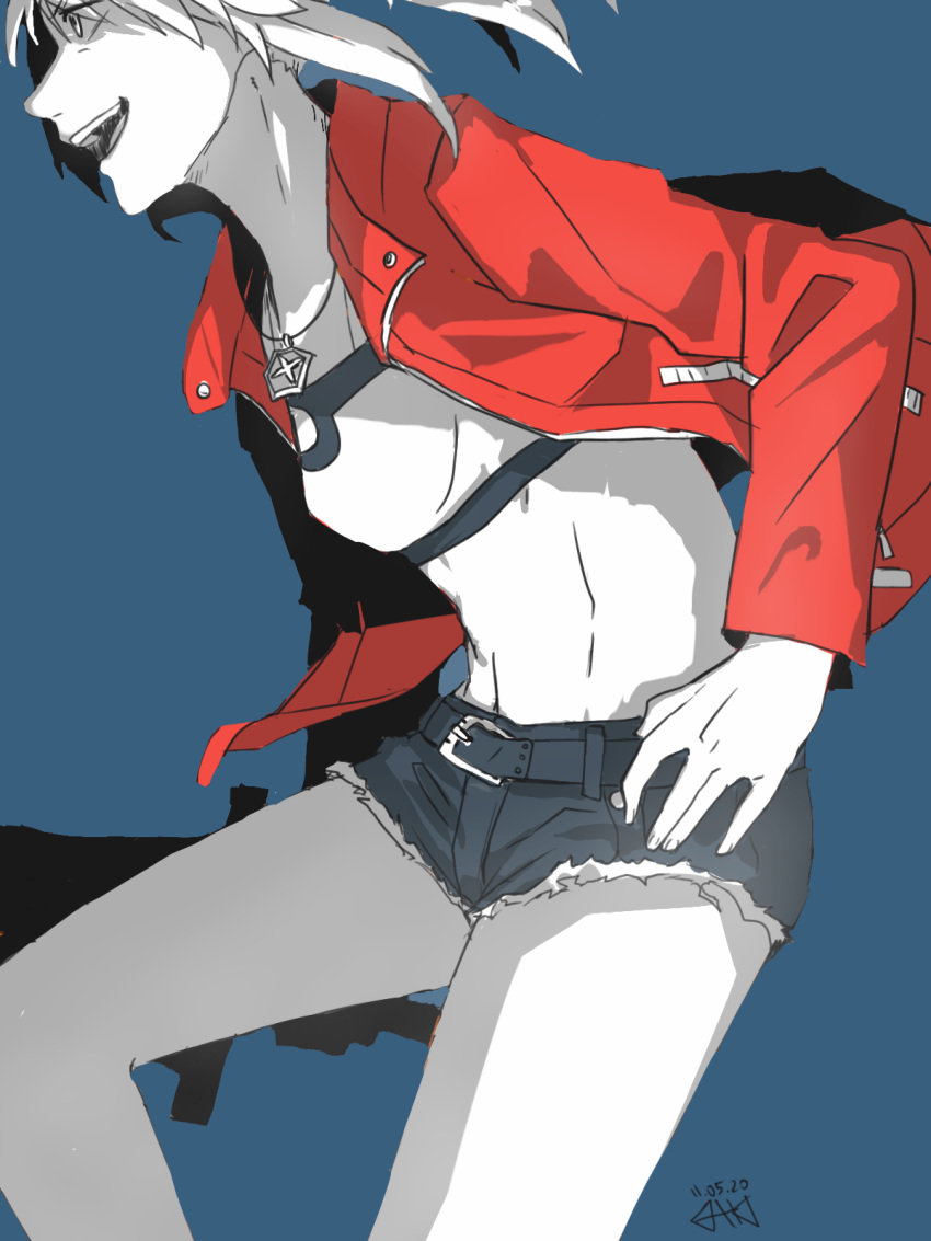 1girl abs bandeau belt blue_background clarent dated denim denim_shorts fate/grand_order fate_(series) from_side grey_hair hand_on_hip head_out_of_frame highres jacket jewelry limited_palette midriff mordred_(fate) mordred_(fate)_(all) necklace partially_colored red_jacket shorts signature sketch smile solo worthlessvalor