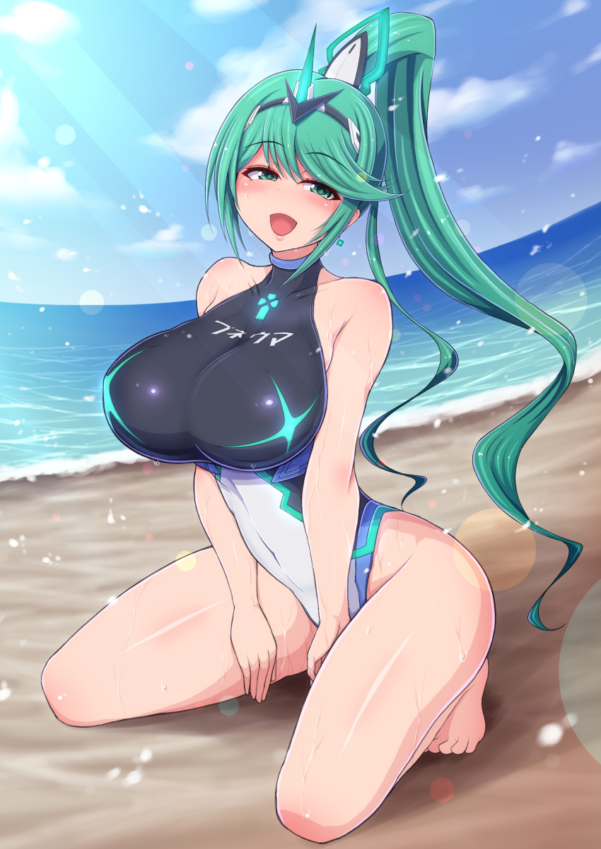 1girl :d bangs bare_arms bare_legs barefoot beach blush breasts competition_swimsuit covered_navel day earrings eyebrows_visible_through_hair green_eyes green_hair headpiece highres jewelry large_breasts long_hair one-piece_swimsuit open_mouth outdoors pneuma_(xenoblade) ponpo ponytail smile solo sunlight swept_bangs swimsuit tiara very_long_hair xenoblade_(series) xenoblade_2