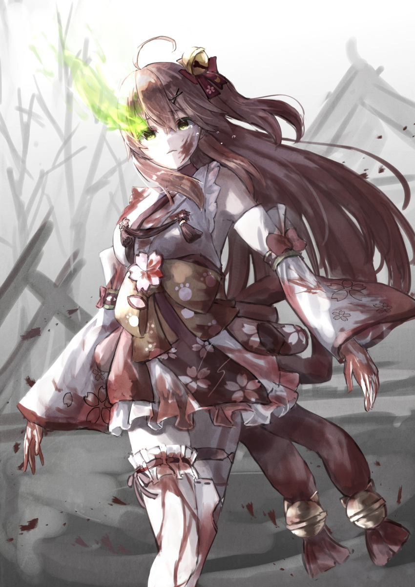 1girl absurdres ahoge bell blood bloody_clothes bloody_hands cherry_blossom_print detached_sleeves flaming_eye floral_print green_eyes hair_bell hair_ornament hairclip highres hololive leg_garter looking_at_viewer open_mouth paw_print_pattern pink_hair sakura_miko solo tears virtual_youtuber x_hair_ornament yu_hydra