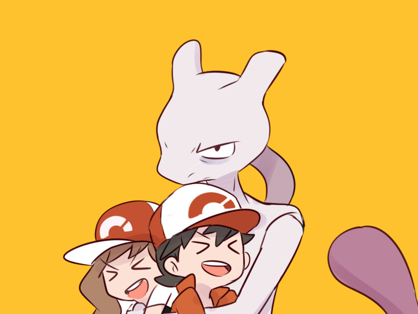 &gt;_&lt; 1boy 1girl ayumi_(pokemon) baseball_cap black_hair brown_hair commentary creature english_commentary gen_1_pokemon hat hug kakeru_(pokemon) legendary_pokemon long_hair mewtwo pokemon pokemon_(creature) pokemon_(game) pokemon_lgpe ponytail serious simple_background spiky_hair yellow_background