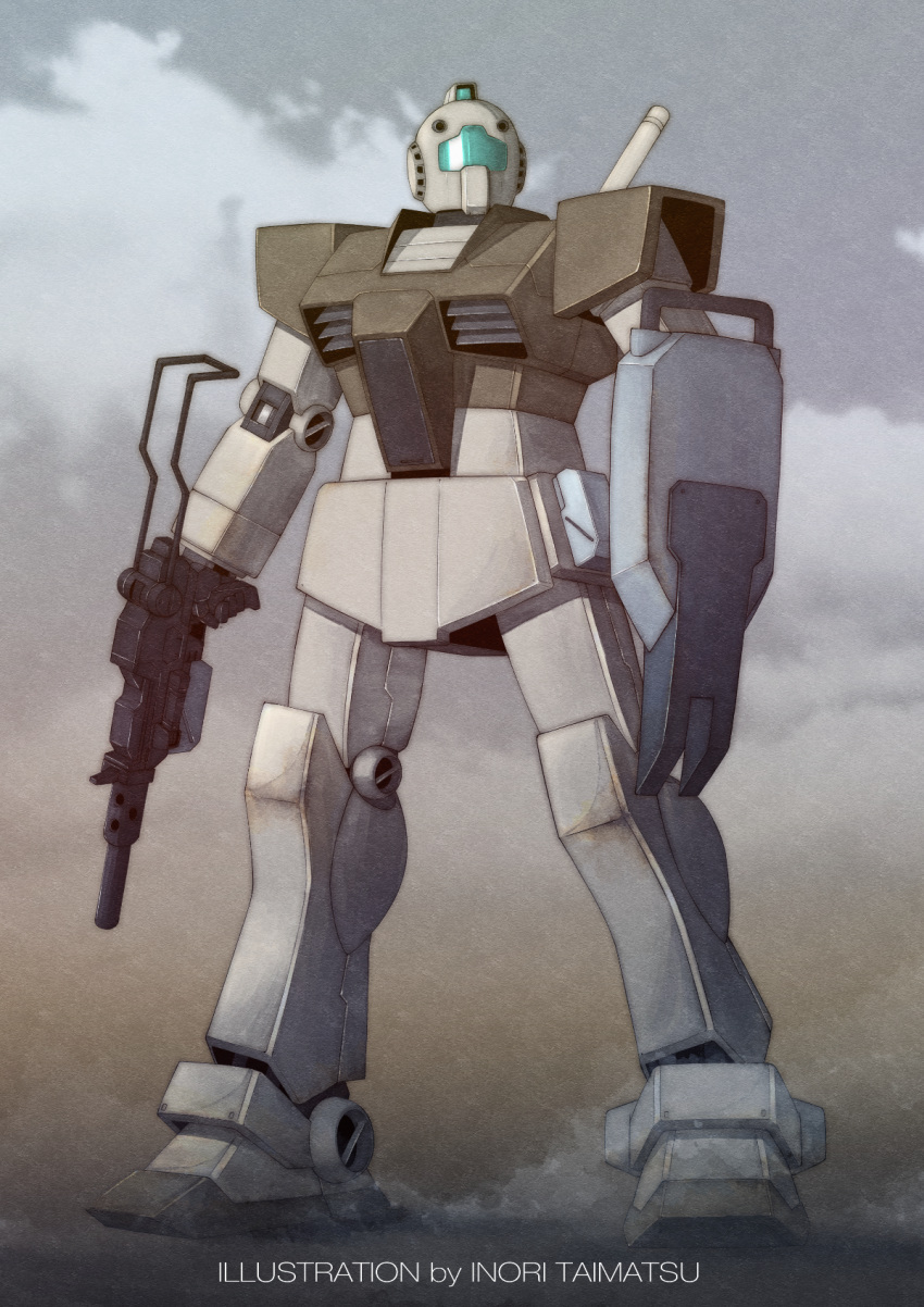 artist_name beam_saber clouds desert dust gm_(mobile_suit) gun gundam highres holding holding_gun holding_weapon looking_to_the_side mecha mn_315_art no_humans shield solo standing visor weapon