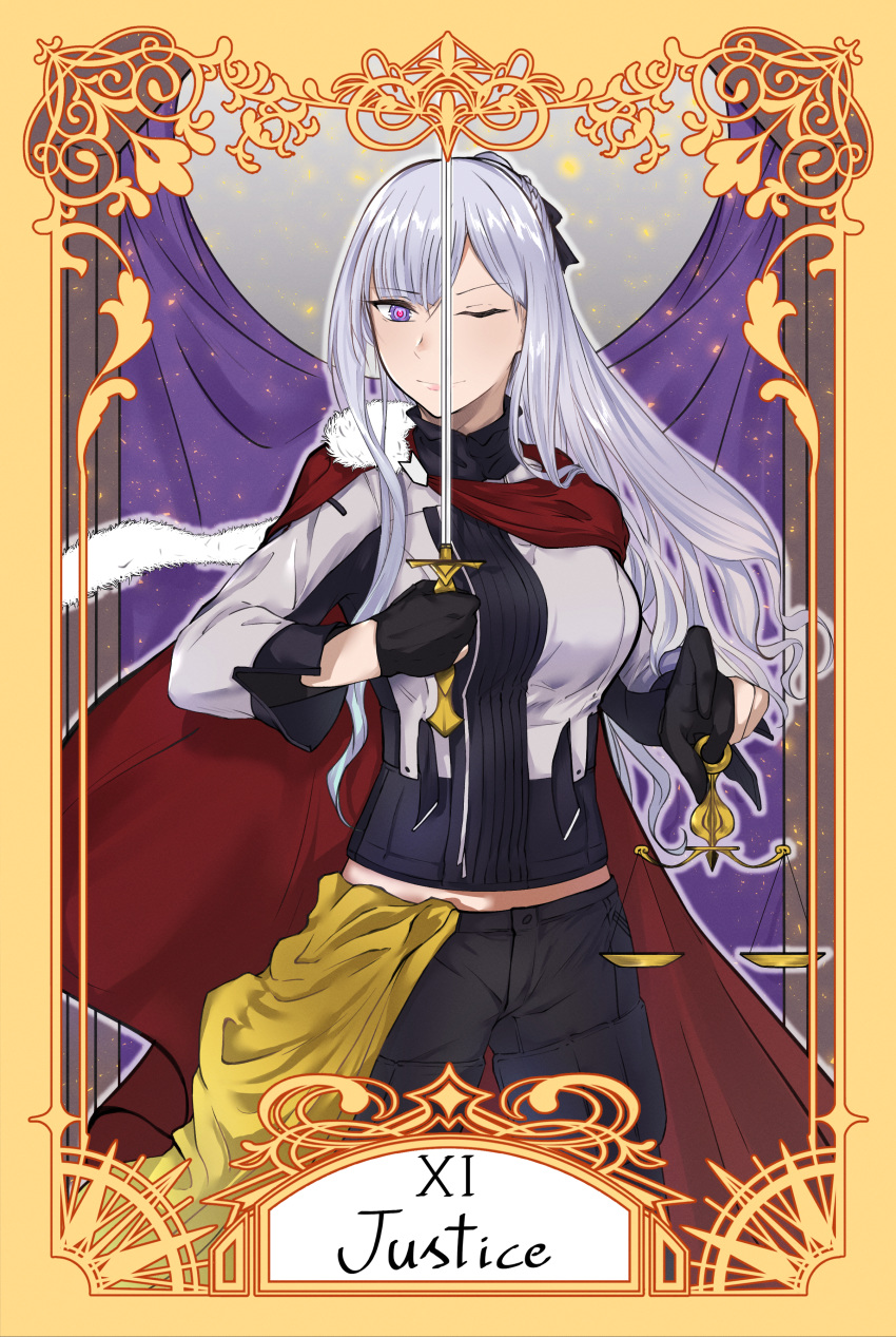 1girl absurdres ak-12_(girls_frontline) black_gloves black_pants breasts cape cloak fur_cape girls_frontline gloves hair_ornament hair_ribbon hand_on_weapon highres justice_(tarot_card) libra long_hair looking_at_viewer military military_uniform one_eye_closed pants rapier red_cape ribbon silver_hair simple_background smile solo stigmamyu sword tarot uniform violet_eyes weapon