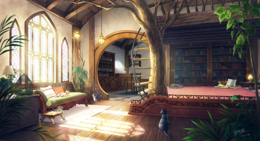 birdcage blanket book bookshelf cage cat chair couch cupboard dated fantasy flower footstool indoors kaminaga_mutsumi lamp lantern light_particles no_humans original pillow plant plate scenery shadow signature stained_glass sunlight table teapot tree vase window