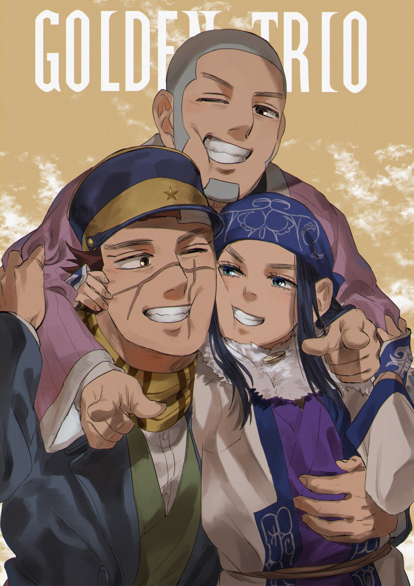 1girl 2boys ainu ainu_clothes asirpa bandana bangs beard black_hair blue_eyes brown_hair closed_mouth dark_skin dark_skinned_male earrings facial_hair facial_scar fur_collar golden_kamuy hat highres hoop_earrings hug imperial_japanese_army jewelry long_hair looking_at_another looking_at_viewer military military_hat military_uniform mouth_scar multiple_boys scar scar_on_cheek scarf sensenridatsu shaved_head shiraishi_yoshitake simple_background smile sugimoto_saichi teeth uniform upper_body