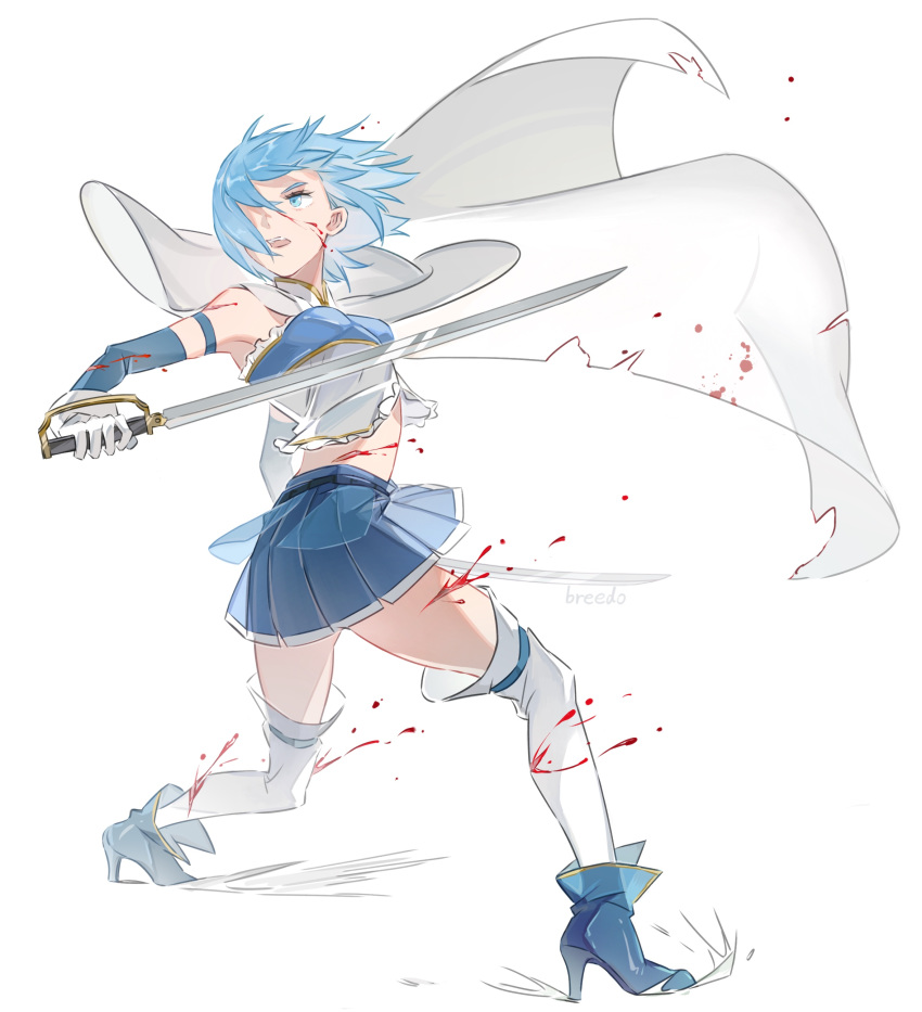 1girl absurdres ankle_boots artist_name bare_shoulders blood blood_on_face blood_splatter blood_stain bloody_clothes blue_eyes blue_footwear blue_hair blue_skirt boots breasts breedo cape detached_sleeves eyelashes fighting fighting_stance floating_hair full_body gloves hair_over_one_eye highres holding holding_sword holding_weapon injury looking_afar looking_back mahou_shoujo_madoka_magica medium_breasts midriff miki_sayaka open_mouth pleated_skirt serious shaded_face shiny shiny_hair short_hair simple_background skirt solo standing strapless sword teeth thigh-highs thighs torn_cape torn_clothes upper_teeth weapon white_background white_cape white_gloves white_legwear zettai_ryouiki
