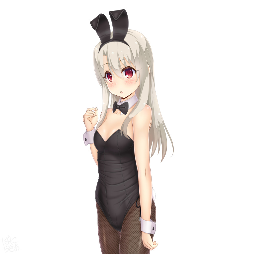 1girl absurdres animal_ears black_legwear black_leotard black_neckwear blonde_hair bow bowtie breasts bunny_girl bunnysuit commentary_request cowboy_shot detached_collar fate/kaleid_liner_prisma_illya fate_(series) fishnet_legwear fishnets highres illyasviel_von_einzbern leotard long_hair looking_at_viewer negative_space pantyhose rabbit_ears red_eyes sainohikari simple_background small_breasts solo strapless strapless_leotard white_background wrist_cuffs