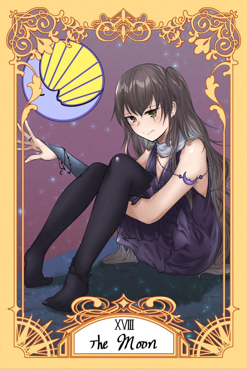 1girl absurdres black_legwear brown_eyes brown_hair dress earrings english_text girls_frontline hair_ornament highres huge_filesize jewelry long_hair looking_at_viewer moon night night_sky no_shoes pantyhose purple_dress ring roman_numerals scar scar_across_eye scarf simple_background sitting sitting_on_lap sitting_on_person sky solo stigmamyu tarot the_moon thigh-highs ump45_(girls_frontline)
