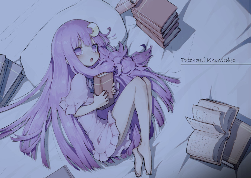 barefoot book character_name commentary_request crescent crescent_hair_ornament day dress eyebrows_visible_through_hair frilled_dress frilled_sleeves frills fukutchi hair_between_eyes hair_ornament highres holding holding_book long_hair no_hat no_headwear on_bed pajamas patchouli_knowledge pillow purple_dress purple_hair touhou violet_eyes