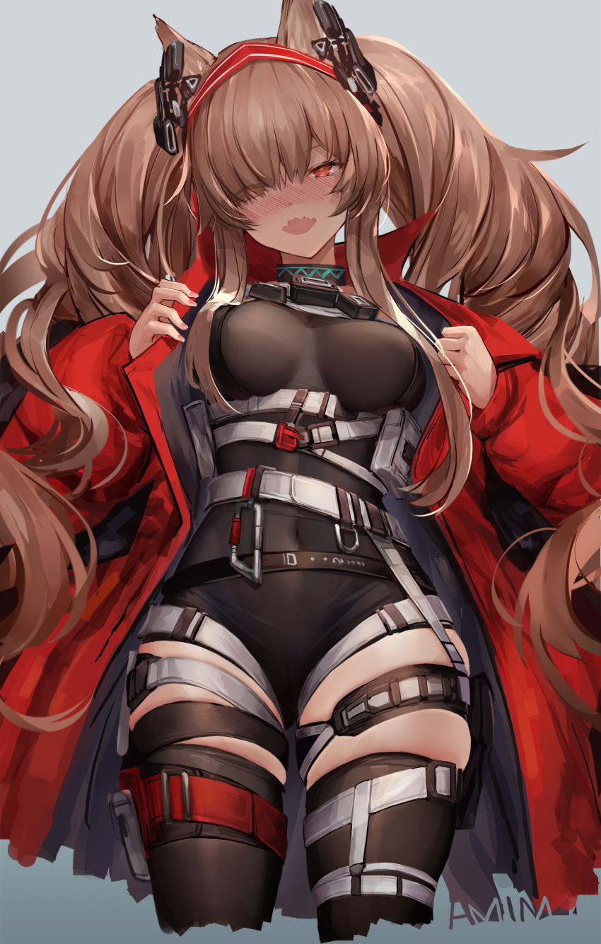 1girl :d alternate_costume am1m angelina_(arknights) animal_ears arknights artist_name ass_visible_through_thighs bangs belt black_choker black_legwear black_leotard blush breasts breasts_apart brown_hair chinese_commentary choker coat commentary_request covered_navel cropped_legs eyebrows_visible_through_hair eyes_visible_through_hair fox_ears grey_background hair_over_one_eye hairband head_tilt headgear highres large_breasts leotard long_hair long_sleeves looking_at_viewer medium_breasts nail_polish nose_blush open_clothes open_coat open_mouth pink_nails pouch red_coat red_eyes red_hairband sidelocks simple_background skin_tight skindentation smile solo thigh-highs thigh_strap thighs twintails undressing very_long_hair wavy_mouth white_belt