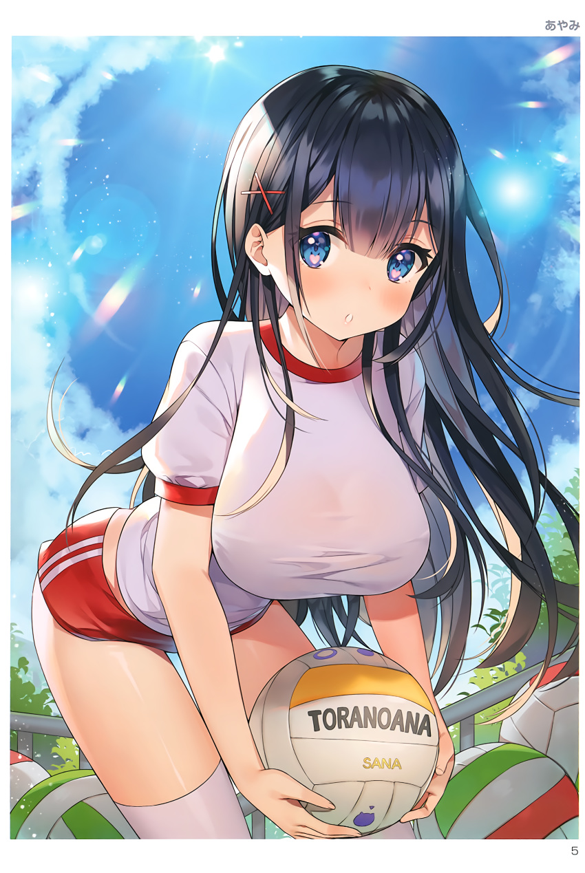 1girl absurdres artist_name ayamy ball bangs bent_over black_hair blue_eyes blue_sky blush breasts buruma clouds cloudy_sky day eyebrows_visible_through_hair gym_uniform hair_ornament highres holding large_breasts lens_flare long_hair looking_at_viewer miyawaki_sana outdoors page_number parted_lips scan shiny shiny_hair shiny_skin short_sleeves sky solo sunlight thigh-highs toranoana volleyball white_legwear x_hair_ornament