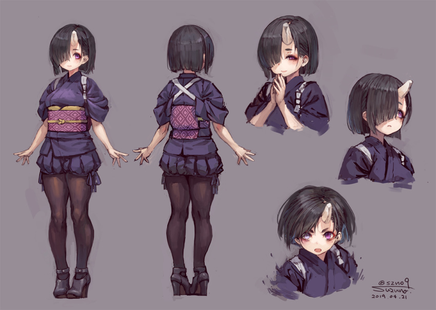 1girl black_footwear black_hair blush character_sheet closed_mouth grey_background hair_over_one_eye hands_together high_heels horn japanese_clothes mole mole_under_eye multiple_views oni open_mouth original short_hair signature simple_background sleeves_rolled_up smile solo standing suzuno_(bookshelf) teeth upper_teeth violet_eyes