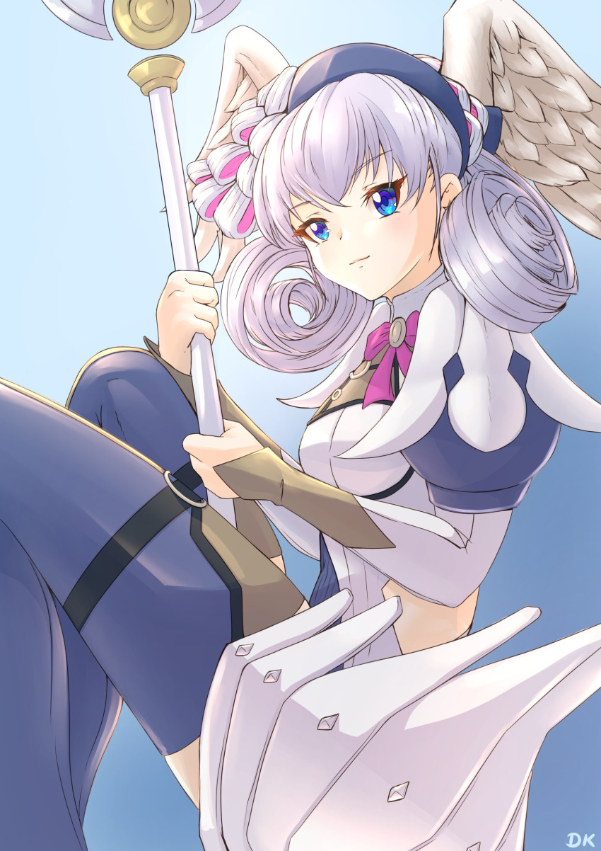 1girl blue_eyes braid breasts crown_braid deekei head_wings highres holding holding_staff juliet_sleeves long_sleeves medium_breasts melia o-ring puffy_sleeves silver_hair solo staff thigh-highs xenoblade_(series) xenoblade_1 xenoblade_1:_tsunagaru_mirai