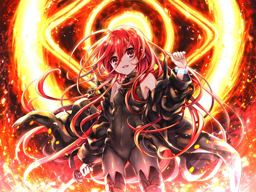 1girl bangs bare_shoulders black_bodysuit black_jacket blush bodysuit breasts commentary_request eyebrows_visible_through_hair fire glowing groin hair_between_eyes hand_up highres holding holding_sword holding_weapon jacket katana long_hair long_sleeves off_shoulder open_clothes open_jacket open_mouth puffy_long_sleeves puffy_sleeves red_eyes redhead shakugan_no_shana shana small_breasts solo standing sword tachitsu_teto transparent very_long_hair weapon