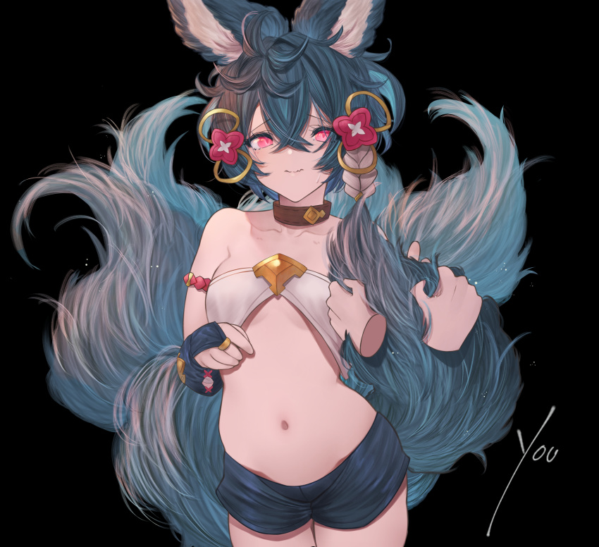 1girl absurdres animal_ears bangs bare_shoulders betabeet black_background black_shorts blue_hair blush breasts bridal_gauntlets closed_mouth collar erune fox_ears fox_girl fox_tail granblue_fantasy hair_between_eyes hair_ornament highres huge_filesize large_tail looking_at_viewer multiple_tails navel red_eyes short_hair short_shorts shorts simple_background small_breasts solo_focus tail you_(granblue_fantasy)