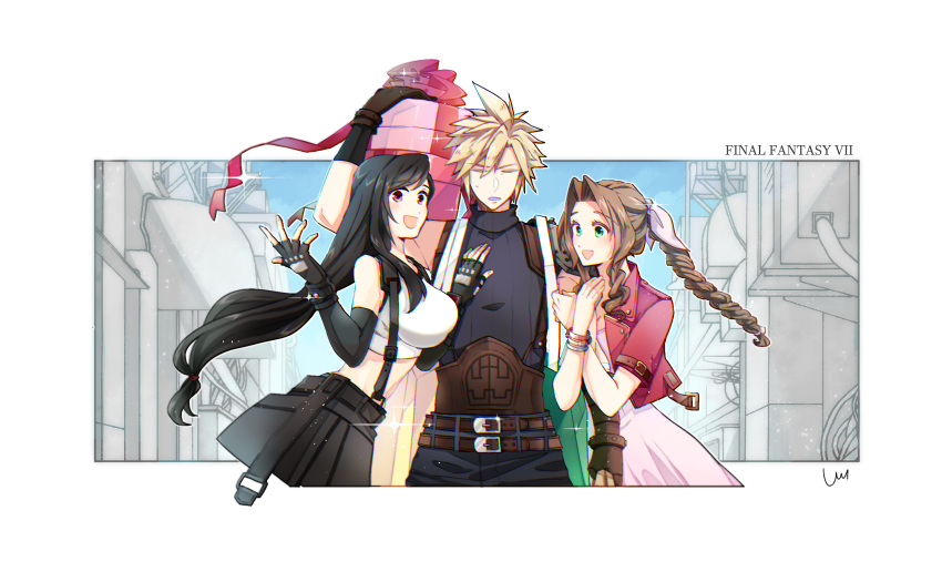 1boy 2girls aerith_gainsborough annoyed arm_hug bag black_hair black_skirt blonde_hair bow braid braided_ponytail brown_hair cloud_strife copyright_name crop_top cropped_jacket dress final_fantasy final_fantasy_vii final_fantasy_vii_remake fingerless_gloves girl_sandwich gloves hair_bow hand_on_another's_chest highres jacket long_hair low-tied_long_hair multiple_girls pink_dress red_jacket sandwiched shopping_bag sin_3794 skirt sleeveless sleeveless_turtleneck smile spiky_hair suspenders tank_top tifa_lockhart turtleneck white_tank_top