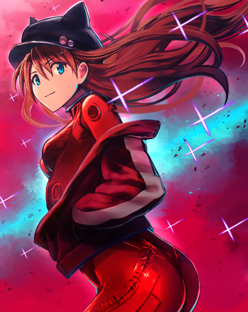 animal_ears bangs black_headwear blue_eyes bodysuit brown_hair closed_mouth clothes_down eyebrows_visible_through_hair fake_animal_ears floating_hair from_side hair_between_eyes hand_in_pocket hat highres jacket long_hair looking_at_viewer neon_genesis_evangelion open_clothes open_jacket plugsuit red_bodysuit red_jacket shikinami_asuka_langley shiny shiny_clothes skin_tight smile souryuu_asuka_langley sue_(frederica--bernkastel) very_long_hair