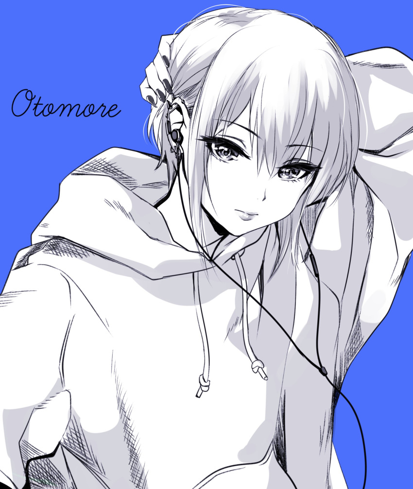 1girl absurdres blue_background character_name commentary_request ear_piercing earbuds_around_neck earrings eyebrows_visible_through_hair fake_nails greyscale hair_between_eyes hand_behind_head highres hood hoodie jewelry looking_at_viewer monochrome otomore_(shashaki) piercing shashaki short_hair sidelocks solo upper_body wire