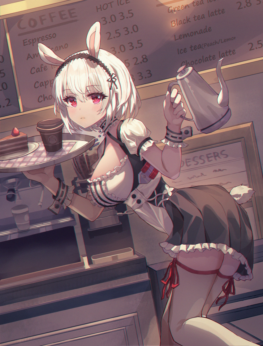1girl absurdres animal_ears apron azur_lane bangs black_dress blush breasts bunny_girl bunny_tail cake choker coffee collarbone dress eyebrows_visible_through_hair food frilled_apron frilled_choker frilled_dress frills hair_between_eyes highres lace-trimmed_hairband large_breasts looking_at_viewer maid maid_apron maid_dress maid_headdress puffy_sleeves red_eyes seemu_(wnslqjdignv_) short_hair short_sleeves sirius_(azur_lane) solo tail thigh-highs tray waitress white_apron white_dress white_frills white_hair white_legwear