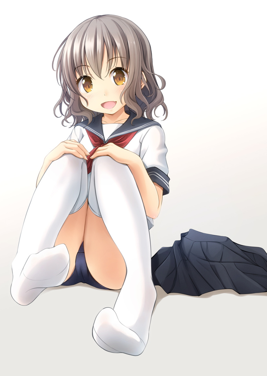 :d bangs black_sailor_collar black_skirt blue_swimsuit blush brown_eyes brown_hair commentary_request eyebrows_visible_through_hair fang feet full_body gradient gradient_background grey_background hair_between_eyes hands_on_own_knees highres knees_up legs long_hair looking_at_viewer neckerchief no_shoes old_school_swimsuit open_mouth original pleated_skirt red_neckwear sailor_collar school_swimsuit school_uniform serafuku shadow shibacha shirt short_sleeves skirt skirt_removed smile soles swimsuit swimsuit_under_clothes thigh-highs white_background white_legwear white_shirt