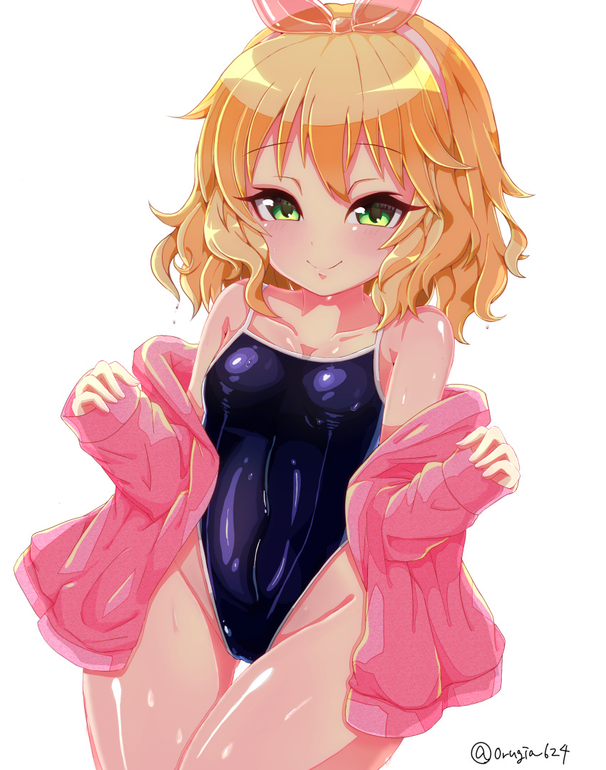 1girl absurdres blonde_hair blue_swimsuit competition_school_swimsuit cowboy_shot flat_chest green_eyes hairband highleg highleg_swimsuit highres idolmaster idolmaster_cinderella_girls jacket looking_at_viewer pink_jacket sakurai_momoka school_swimsuit short_hair smile solo swimsuit thigh_gap touda_iria twitter_username wet wet_clothes wet_swimsuit