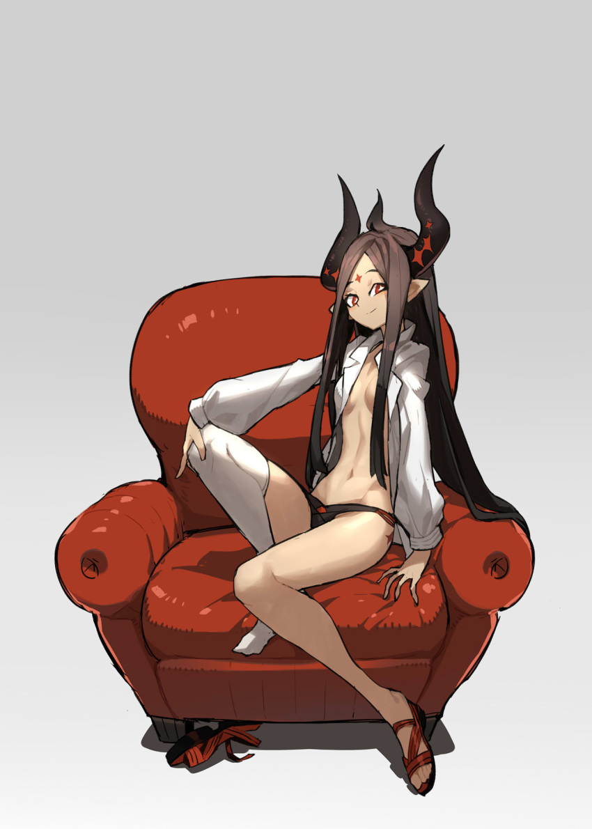1girl black_hair breasts couch facial_mark forehead_mark grey_background highres horns lamian_(pixiv415608) long_hair navel original pointy_ears red_eyes sandals shoe_removed simple_background single_thighhigh sitting smile solo symbol-shaped_pupils thigh-highs white_legwear