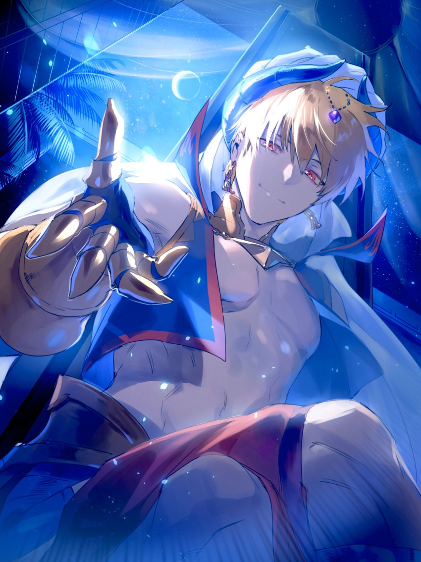 1boy bikkusama blonde_hair closed_mouth crescent_moon crossed_legs earrings fate/grand_order fate_(series) from_below gauntlets gilgamesh gilgamesh_(caster)_(fate) hair_between_eyes hair_ornament half-closed_eyes highres jewelry looking_at_viewer male_focus moon palm_tree red_eyes shiny shiny_hair smile solo tree