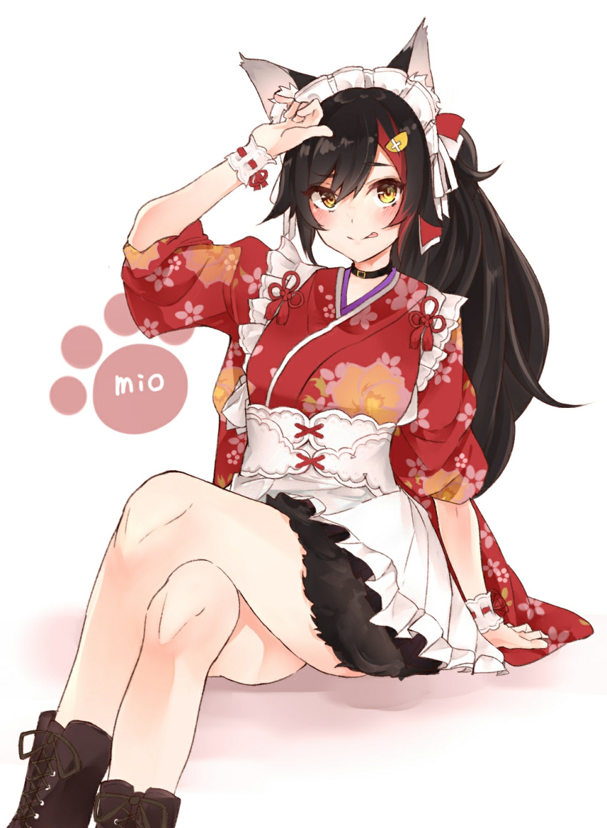 1girl :p alternate_hairstyle animal_ears apron black_hair blush boots brown_eyes brown_footwear character_name choker closed_mouth commentary_request cross-laced_footwear crossed_legs eyebrows_visible_through_hair floral_print frilled_apron frills highres hololive japanese_clothes kimono kimono_skirt long_hair looking_at_viewer multicolored_hair ookami_mio paw_print ponytail redhead sitting smile solo streaked_hair techi_(siro-white_0803) tongue tongue_out two-tone_hair white_apron white_background wolf_ears wrist_cuffs