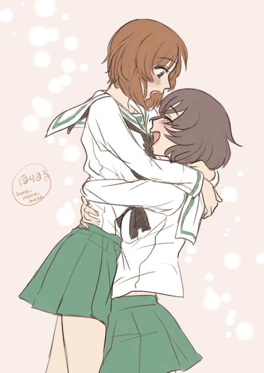 absurdres akiyama_yukari arms_around_neck arms_around_waist artist_name bangs black_neckwear blouse blush brown_eyes brown_hair closed_eyes commentary eyebrows_visible_through_hair from_side girls_und_panzer green_skirt highres hora_maru_mate hug lifting_person long_sleeves looking_at_another messy_hair miniskirt neckerchief nishizumi_miho ooarai_school_uniform open_mouth pleated_skirt school_uniform serafuku short_hair signature skirt smile traditional_media white_blouse yuri