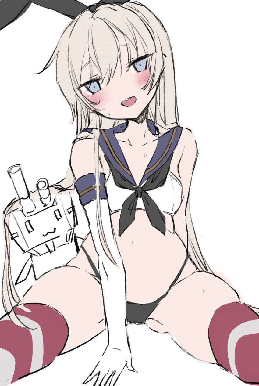 1girl 1other adapted_costume black_hairband black_panties blonde_hair chigasaki_y commentary_request cowboy_shot crop_top elbow_gloves gloves hairband head_tilt highleg highleg_panties highres kantai_collection long_hair looking_at_viewer panties rensouhou-chan shimakaze_(kantai_collection) simple_background smile spread_legs striped striped_legwear thigh-highs underwear white_background white_gloves