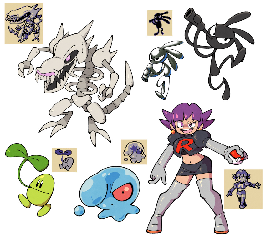 1girl :d bangs black_eyes black_skirt breasts claws commentary creature earrings english_commentary evil_smile fangs full_body highres holding holding_poke_ball jewelry jumping legs_apart looking_at_viewer may98_pokemon_300_(flautist) may98_pokemon_401_(xenomorph) midriff miniskirt mitei01_(sunkern) navel no_humans open_mouth poke_ball poke_ball_(generic) pokemon pokemon_(creature) pokemon_(game) pokemon_gsc pokemon_gsc_beta red_eyes sharp_teeth shenanimation short_hair simple_background skeleton skirt small_breasts smile sprite standing team_rocket team_rocket_grunt team_rocket_uniform teeth uniform violet_eyes walking white_background white_footwear