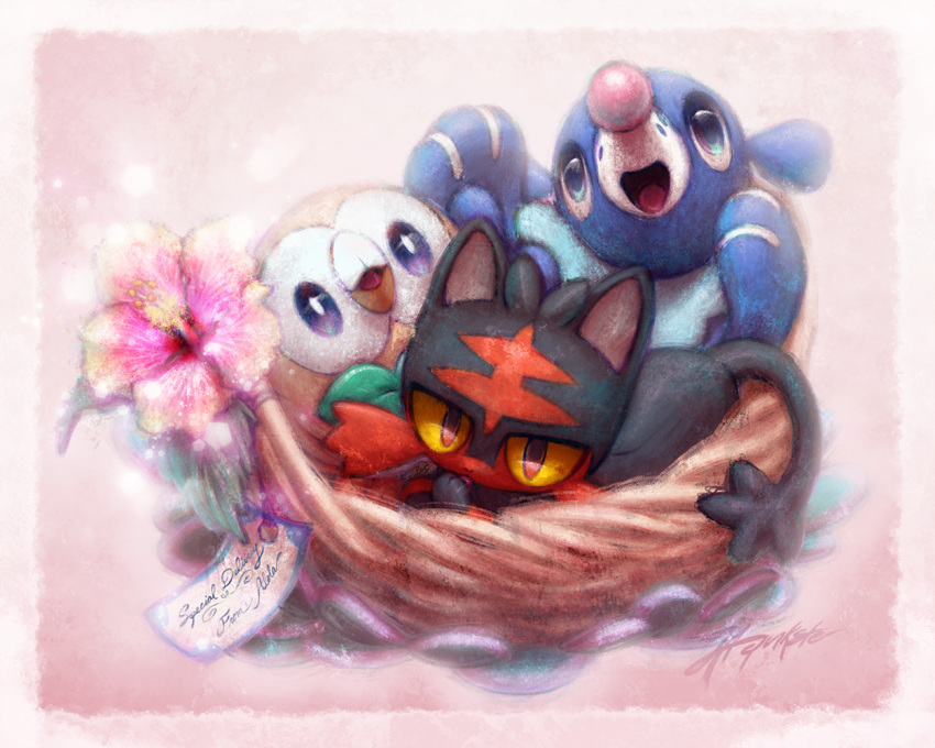 :d basket bird blue_eyes cat commentary creature english_commentary english_text flower gen_7_pokemon ja-punkster litten looking_at_viewer no_humans open_mouth pink_background pokemon pokemon_(creature) rowlet seal signature simple_background smile violet_eyes yellow_sclera