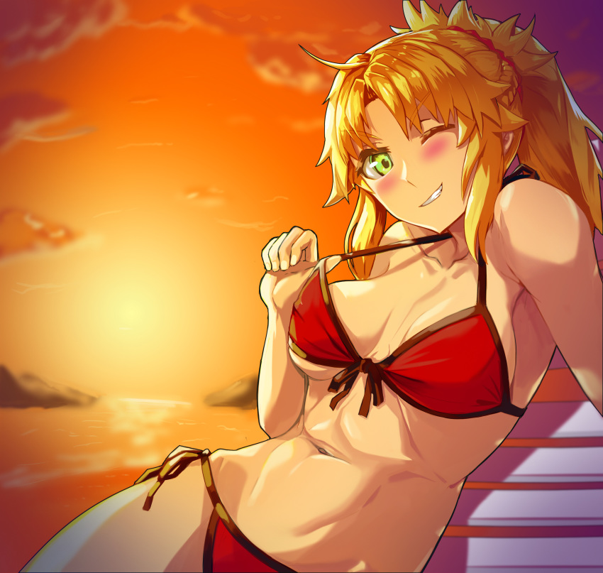 1girl ;) absurdres ahoge beach_chair bikini blonde_hair blush breasts clouds covered_nipples fate/grand_order fate_(series) ghgnvm green_eyes groin highres long_hair medium_breasts mordred_(fate) mordred_(fate)_(all) mordred_(swimsuit_rider)_(fate) navel one_eye_closed ponytail red_bikini red_scrunchie red_sky scrunchie sky smile strap_gap suspenders swimsuit thighs