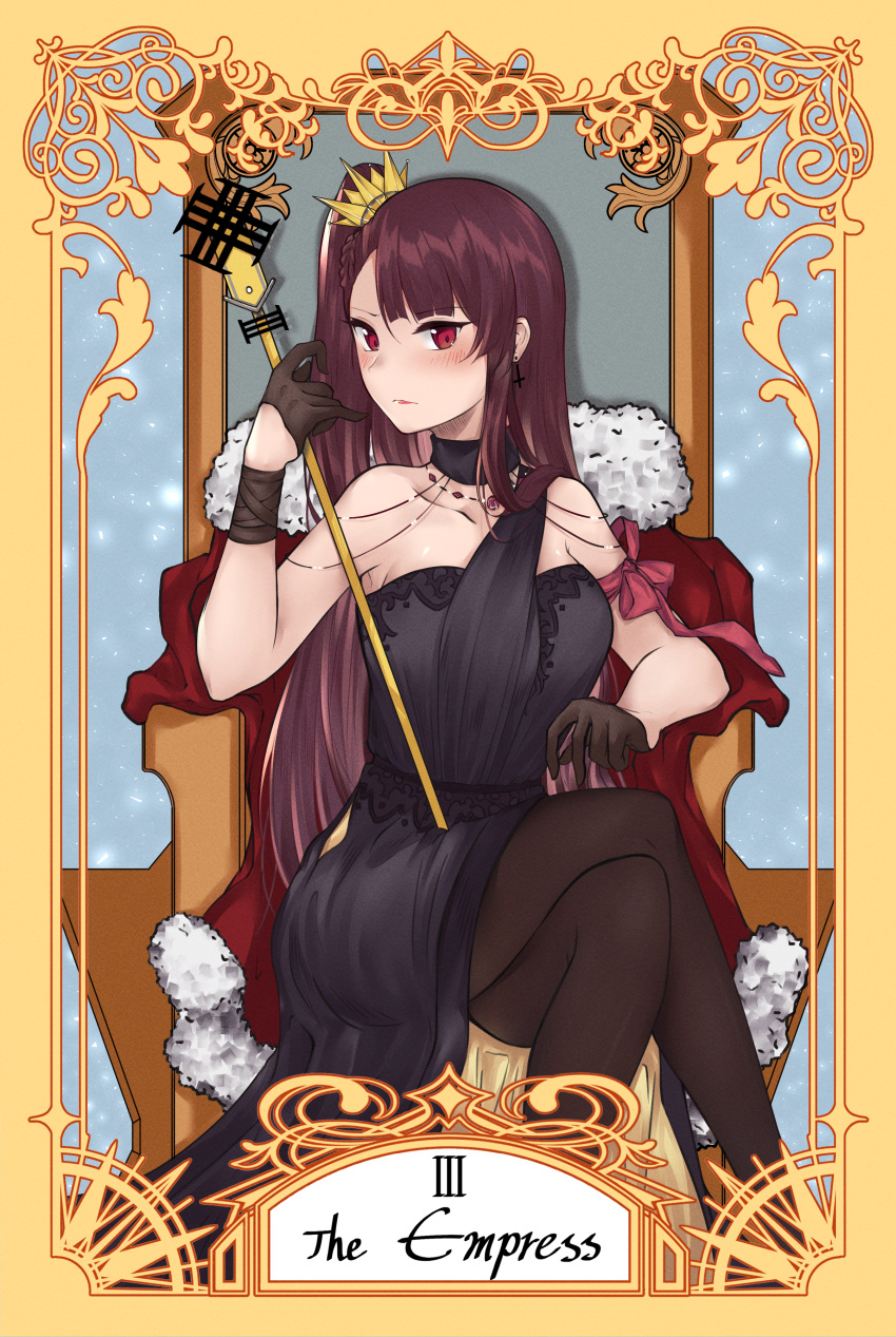 1girl absurdres armchair black_dress black_gloves black_legwear blush breasts cape chair cloak cloak_lift collarbone crown dress english_text fur fur_cape girls_frontline gloves hair_ornament highres huge_filesize jewelry long_hair looking_at_viewer medium_breasts pantyhose purple_hair red_eyes ribbon rod scepter simple_background sitting sitting_on_object solo stigmamyu tarot the_empress thigh-highs wa2000_(girls_frontline)