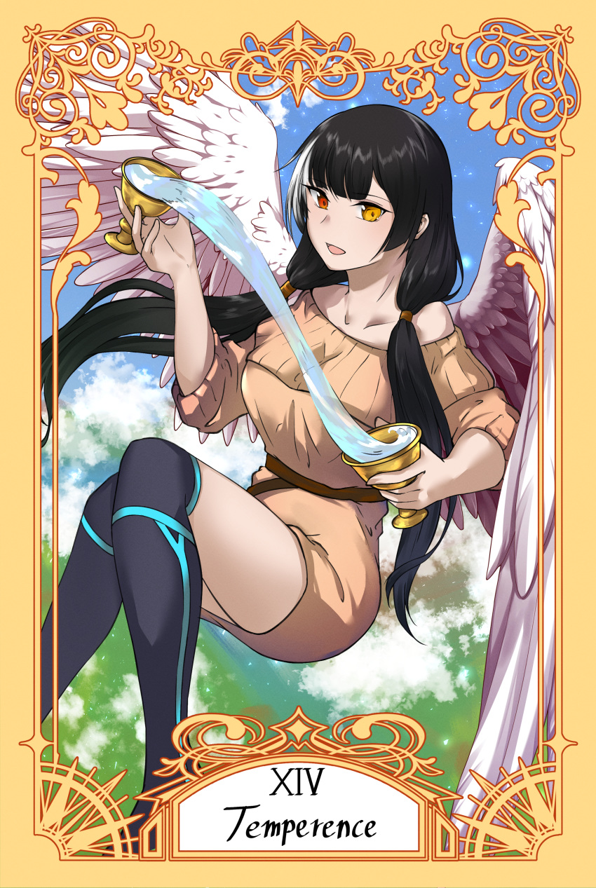 1girl absurdres belt black_hair breasts brown_dress collarbone dress english_text girls_frontline highres long_hair looking_at_viewer multicolored multicolored_eyes multicolored_hair open_mouth red_eyes ro635_(girls_frontline) roman_numerals simple_background solo stigmamyu tarot temperance_(tarot_card) thigh-highs water wings yellow_eyes