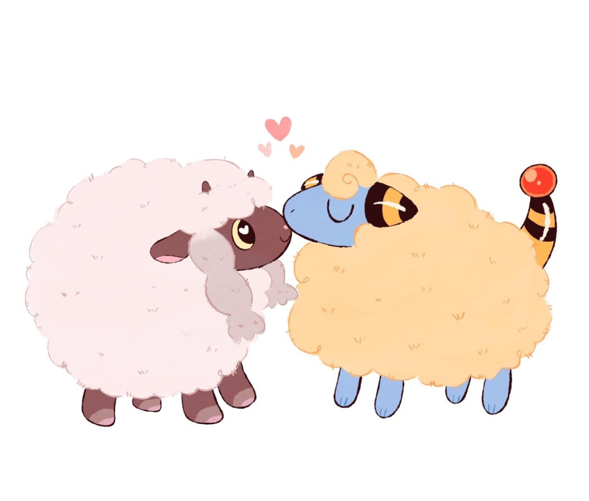 chuckdrawsthings closed_eyes commentary creature english_commentary facing_another full_body gen_2_pokemon gen_8_pokemon heart looking_at_another mareep no_humans pokemon pokemon_(creature) sheep simple_background standing white_background wooloo