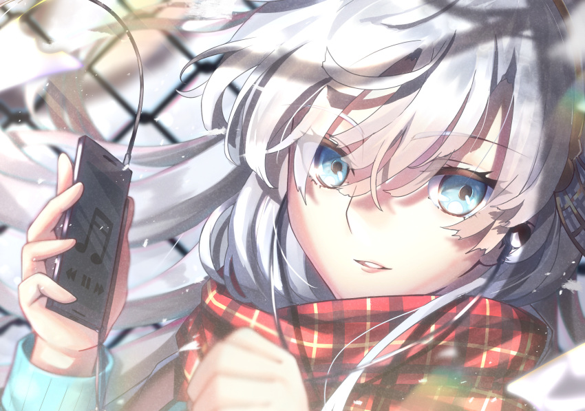 1girl anastasia_(fate/grand_order) bangs beamed_sixteenth_notes blue_eyes blurry blurry_background blurry_foreground cellphone chain-link_fence commentary_request depth_of_field eyebrows_visible_through_hair fate/grand_order fate_(series) fence floating_hair hair_between_eyes hands_up highres holding holding_phone long_hair long_sleeves looking_at_viewer mishiro0229 musical_note parted_lips phone plaid plaid_scarf red_scarf scarf silver_hair solo upper_body upper_teeth