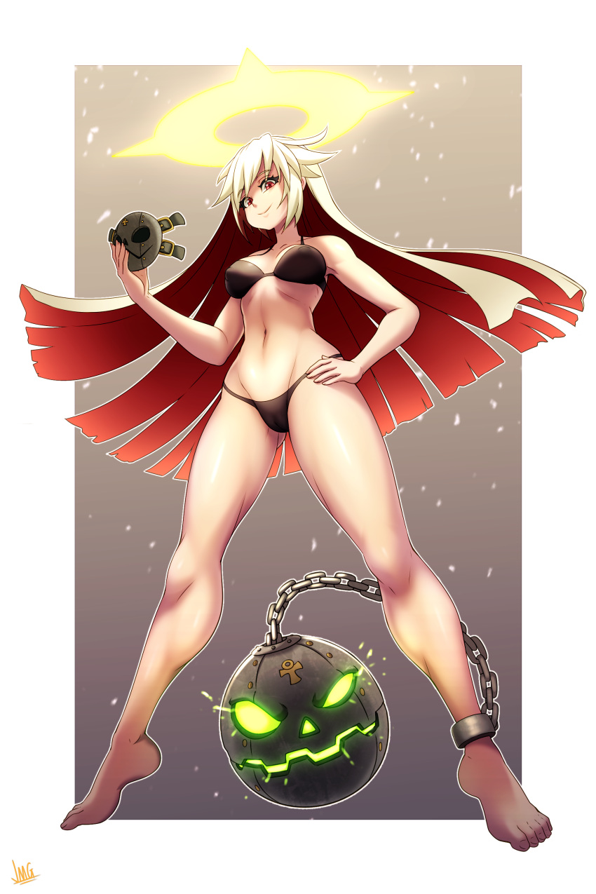 1girl absurdres ankh ball_and_chain_restraint bikini black_bikini border breasts commission covered_nipples from_below full_body glowing glowing_eyes glowing_mouth guilty_gear guilty_gear_xrd halo hand_on_hip highres holding holding_mask jack-o'_valentine jmg long_hair mask medium_breasts multicolored_hair outside_border platinum_blonde_hair red_eyes redhead shiny shiny_skin signature smile solo swimsuit two-tone_hair very_long_hair