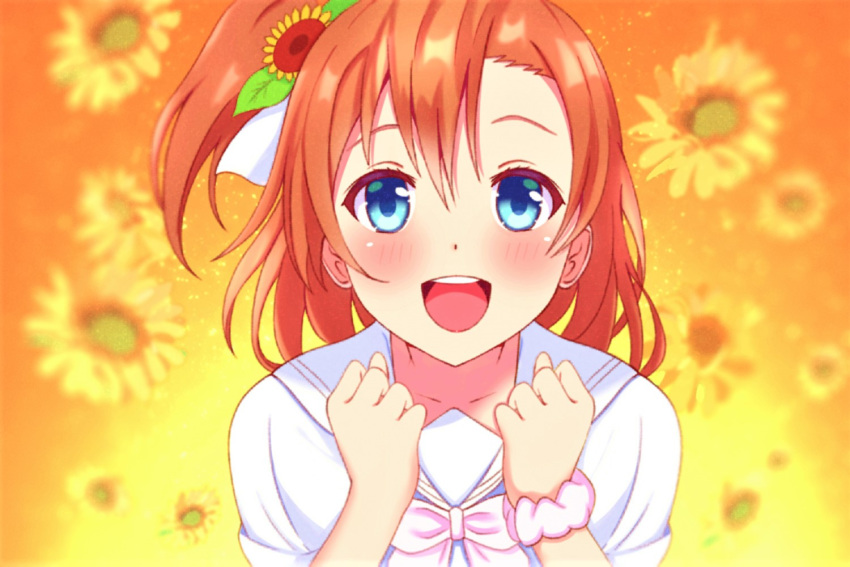 1girl :d bangs blue_eyes blurry blurry_background blush collarbone collared_shirt hair_between_eyes kousaka_honoka looking_at_viewer love_live! love_live!_school_idol_project medium_hair open_mouth orange_hair pink_scrunchie sailor_collar sailor_shirt school_uniform scrunchie serafuku shiny shiny_hair shiratori_aki shirt side_ponytail smile solo upper_body white_neckwear white_sailor_collar white_shirt wrist_scrunchie yellow_background