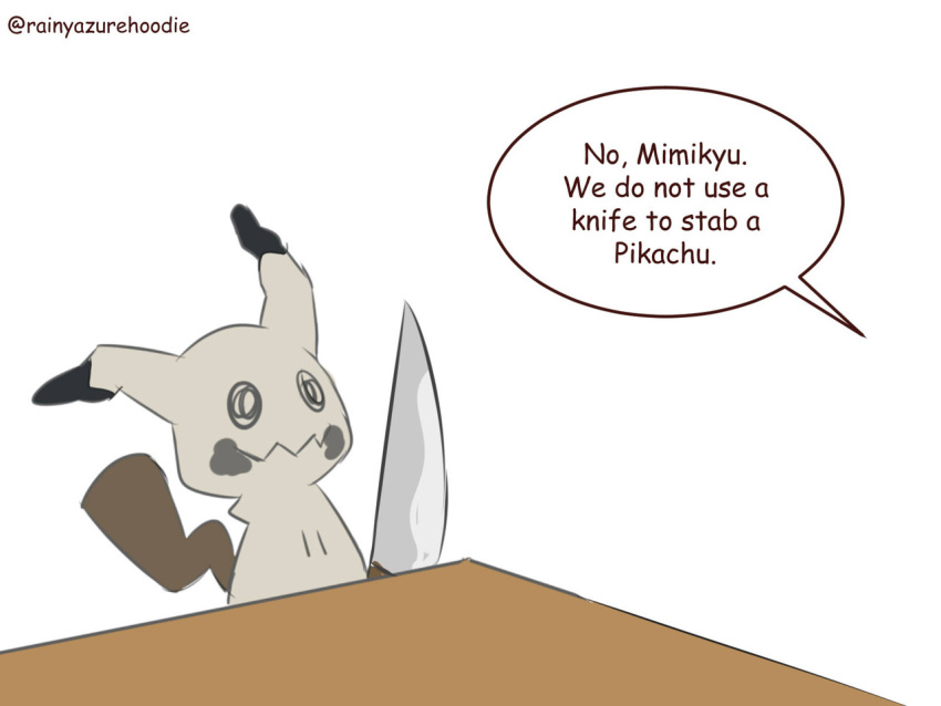 1panel alternate_color commentary creature english_commentary gen_7_pokemon holding holding_knife knife mimikyu no_humans pokemon pokemon_(creature) rainyazurehoodie shiny_pokemon simple_background solo table white_background