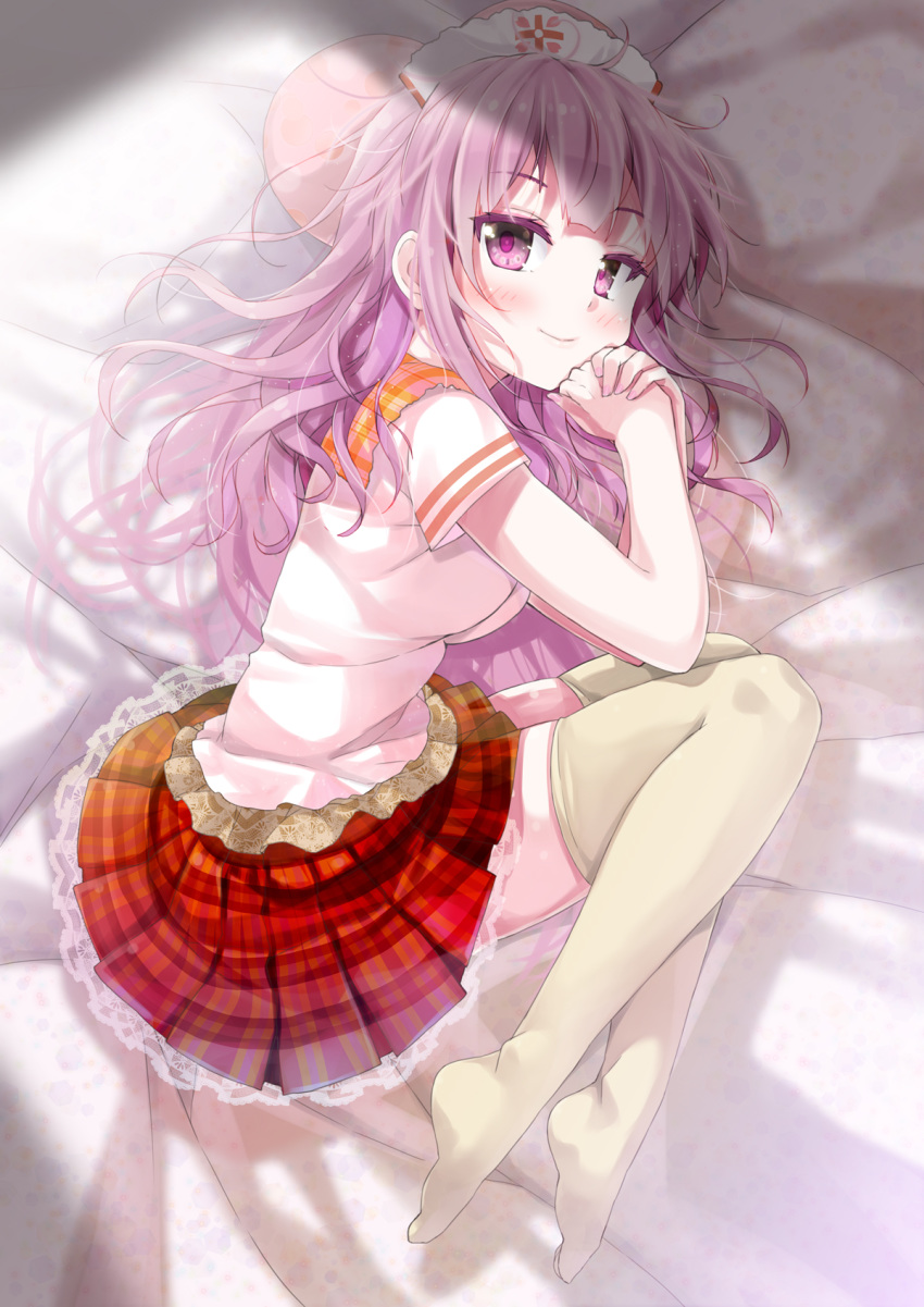 1girl bangs bed_sheet blush breasts brown_legwear cafe-chan_to_break_time character_request commentary_request eyebrows_visible_through_hair full_body hands_together hands_up highres knees_up lace lace-trimmed_skirt long_hair lying medium_breasts nail_polish no_shoes on_side own_hands_together pink_nails plaid plaid_skirt pleated_skirt porurin purple_hair red_skirt shirt short_sleeves skirt solo thigh-highs very_long_hair violet_eyes white_headwear white_shirt