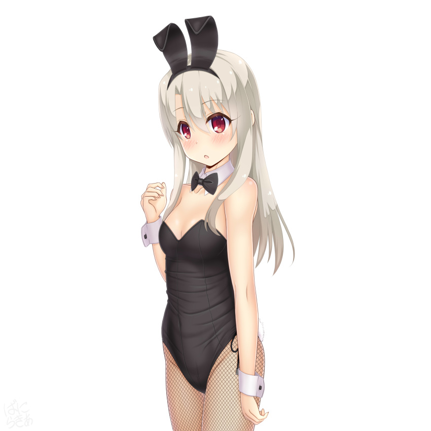 1girl absurdres animal_ears black_leotard black_neckwear blonde_hair bow bowtie breasts bunny_girl bunnysuit cowboy_shot detached_collar fate/kaleid_liner_prisma_illya fate_(series) fishnet_legwear fishnets highres illyasviel_von_einzbern leotard long_hair looking_at_viewer pantyhose rabbit_ears red_eyes sainohikari simple_background small_breasts solo strapless strapless_leotard white_background wrist_cuffs