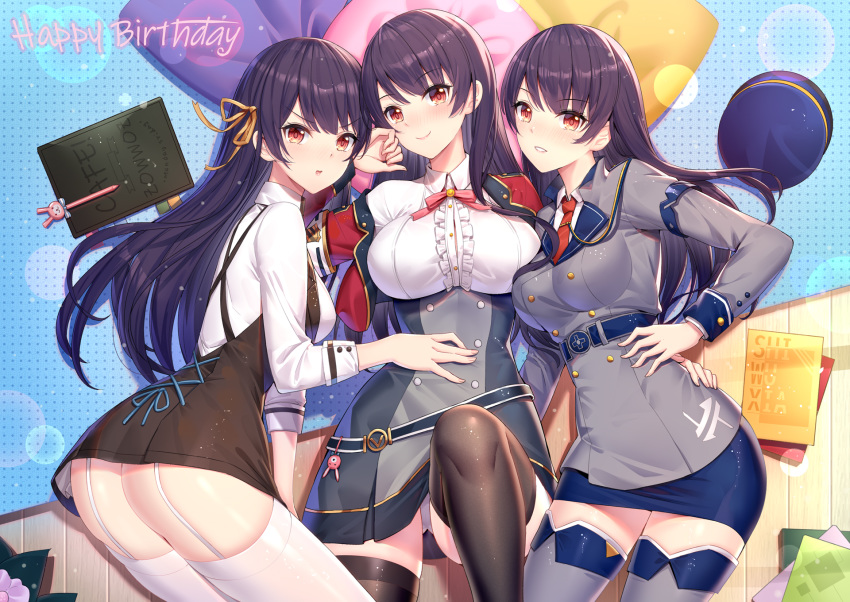 3girls ass bangs black_dress black_hair black_legwear blue_skirt blush breasts brown_ribbon center_frills character_request closed_mouth collared_shirt commentary_request cropped_jacket dress eyebrows_visible_through_hair frills garter_straps girl_cafe_gun grey_jacket grey_legwear grey_skirt hair_ribbon hand_on_hip happy_birthday high-waist_skirt highres jacket large_breasts long_hair long_sleeves looking_at_viewer medium_breasts multiple_girls necktie parted_lips pillow red_eyes red_jacket red_neckwear ribbon ririko_(zhuoyandesailaer) shi_wuxia shirt skirt sleeveless sleeveless_dress smile thigh-highs v-shaped_eyebrows very_long_hair white_legwear white_shirt