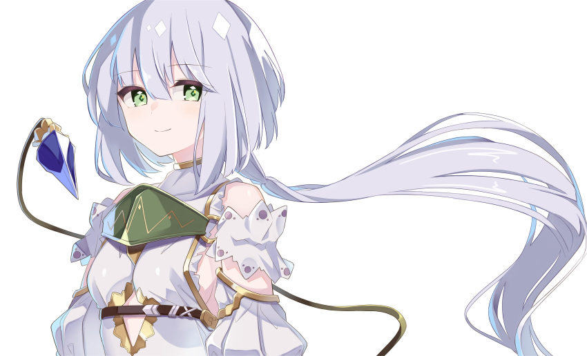1girl absurdres atelier_(series) atelier_sophie breasts closed_mouth commentary detached_sleeves eyebrows_visible_through_hair floating_hair green_eyes hair_between_eyes highres lavender_hair long_hair looking_at_viewer plachta ponytail simple_background small_breasts smile solo uhouhogorigori very_long_hair white_background