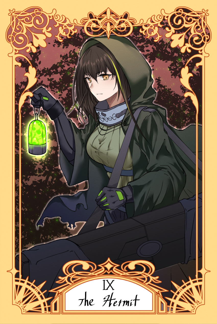 1girl absurdres black_gloves breasts brown_eyes brown_hair cloak elbow_gloves english_text girls_frontline gloves highres hood hooded_cloak lamp long_hair looking_at_viewer m4a1_(girls_frontline) multicolored_hair roman_numerals simple_background solo stigmamyu strapless tarot the_hermit_(tarot_card)
