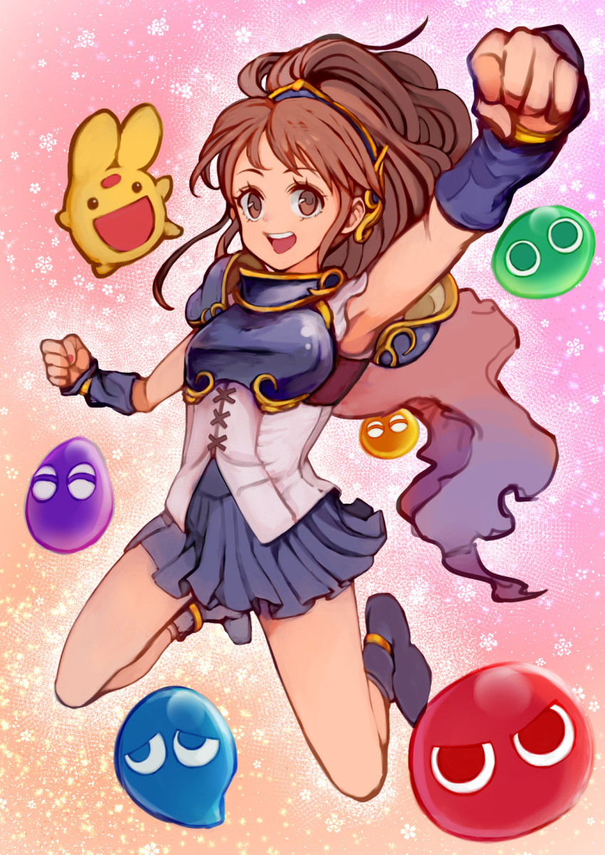 1girl :d arle_nadja arm_up blue_armor blue_skirt breastplate brown_eyes brown_hair carbuncle_(puyopuyo) chienon clenched_hands fingernails full_body half_updo highres long_hair miniskirt nail_polish open_mouth pink_nails pleated_skirt puyo_(puyopuyo) puyopuyo shoulder_armor skirt sleeveless smile spaulders teeth