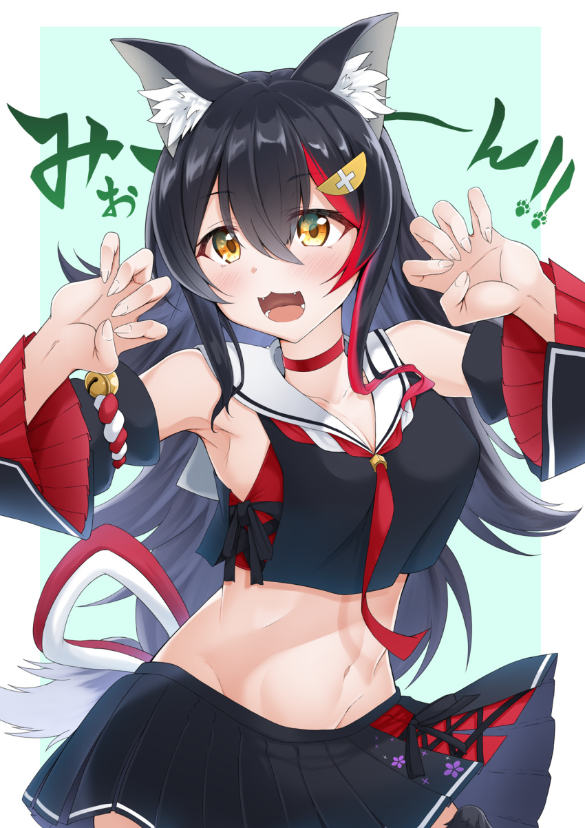 1girl :3 :d animal_ear_fluff animal_ears armpits bangs bell black_hair black_skirt black_sleeves blue_background blush border breasts choker claw_pose collarbone commentary_request crop_top detached_sleeves eyebrows_visible_through_hair fangs fingernails flipped_hair groin hair_between_eyes hair_ornament hairclip highres hinata_kokage hololive kouhaku_nawa long_fingernails long_hair looking_at_viewer lower_teeth medium_breasts midriff multicolored_hair navel neckerchief ookami_mio open_mouth pleated_skirt red_choker red_neckwear redhead sailor_collar shirt sidelocks simple_background skirt sleeveless sleeveless_shirt smile solo standing streaked_hair tail tail_wrap tongue translation_request upper_body very_long_hair virtual_youtuber white_border white_sailor_collar wolf_ears wolf_girl wolf_tail yellow_eyes
