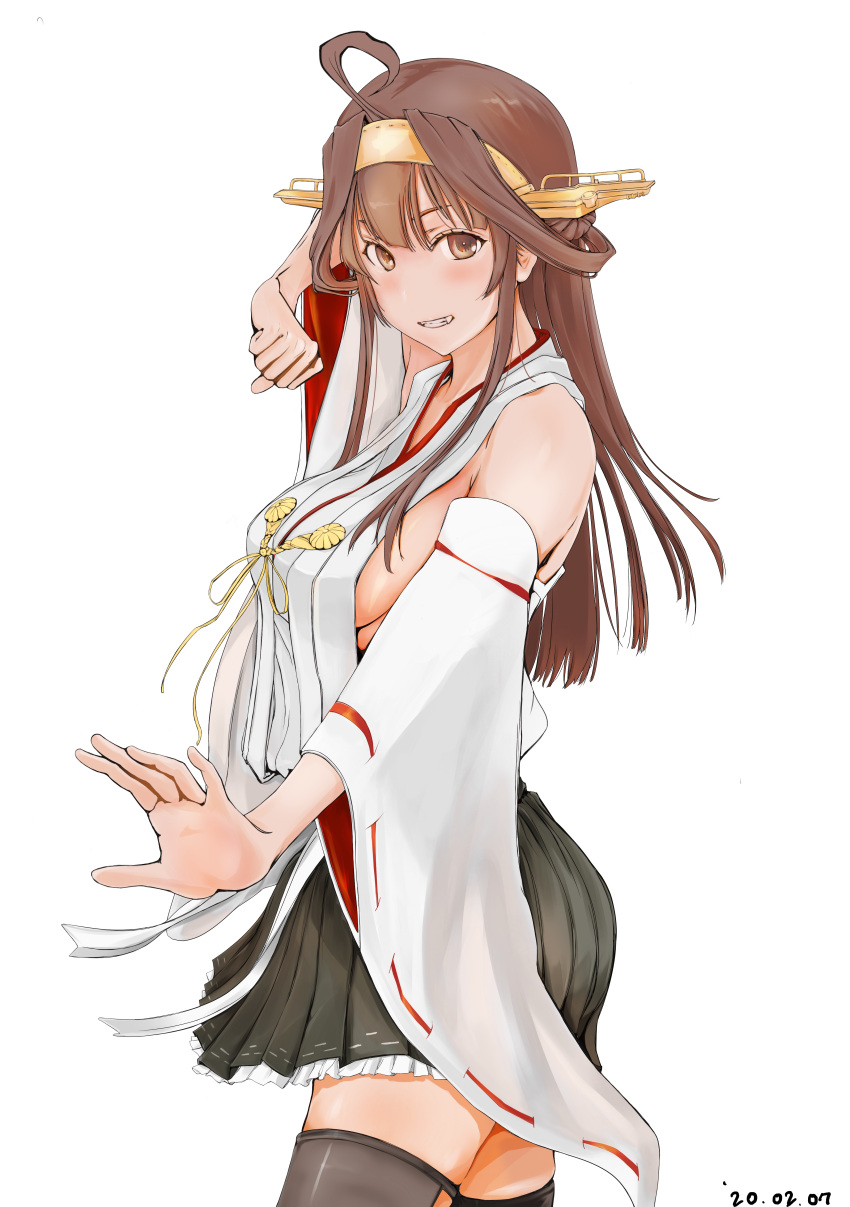 1girl absurdres ahoge bangs black_skirt blush breasts brown_eyes brown_hair dated detached_sleeves double_bun fang grin headgear highres kantai_collection kongou_(kantai_collection) large_breasts long_hair nontraditional_miko ototoi_koi ribbon-trimmed_sleeves ribbon_trim sideboob simple_background skirt smile solo thigh-highs white_background wide_sleeves