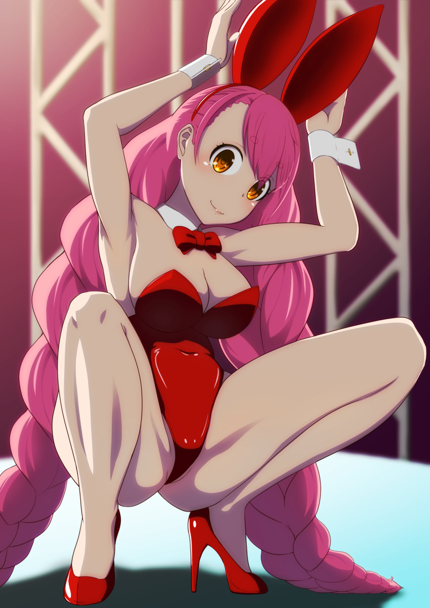 1girl aizono_manami animal_ears blurry bow bowtie breasts bunny_girl bunny_pose bunny_tail bunnysuit commentary_request depth_of_field detached_collar high_heels highres large_breasts leotard long_hair nijisanji pink_hair rabbit_ears red_footwear red_leotard red_neckwear signal_dead solo spread_legs squatting tail very_long_hair virtual_youtuber wrist_cuffs yellow_eyes