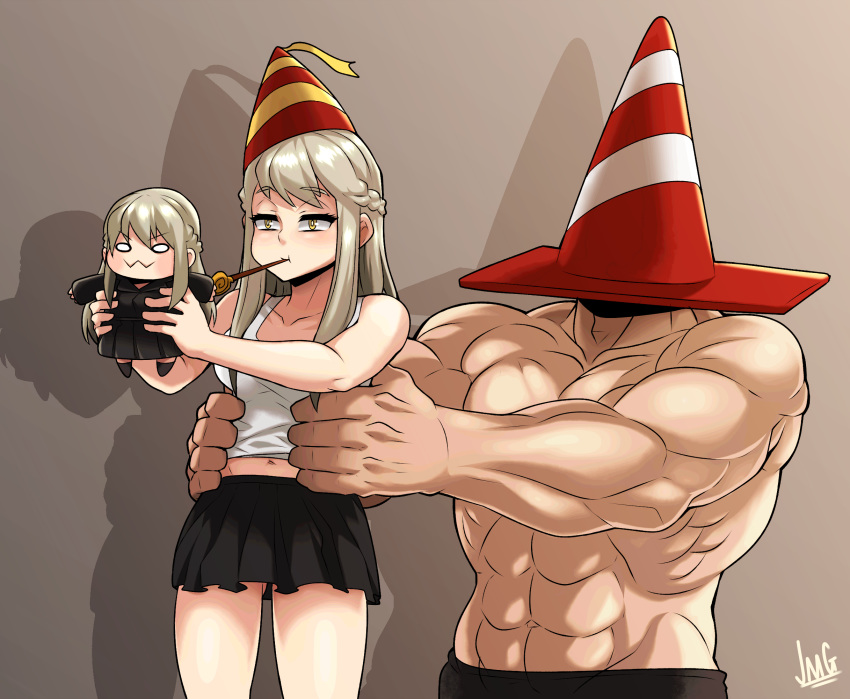 0_0 1boy 2girls :3 borrowed_character braid breasts carrying chibi commentary_request french_braid hat highres jmg korean_commentary long_hair medium_breasts miniskirt multiple_girls muscle navel original party_hat party_popper platinum_blonde_hair shadow signature skirt tank_top traffic_cone white_tank_top yellow_eyes