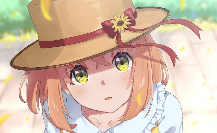 1girl absurdres bangs blurry blurry_background blush bow brown_headwear close-up collarbone day depth_of_field flower frilled_shirt_collar frills green_eyes hat hat_bow hat_flower highres honma_himawari long_hair looking_at_viewer nijisanji orange_hair outdoors parted_lips portrait red_bow sunflower sunflower_petals yanoynk yellow_flower